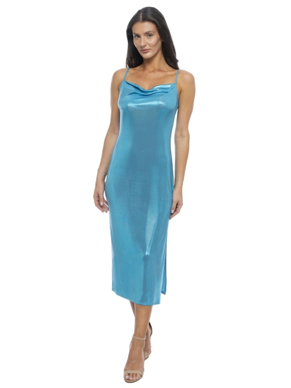 Bebe Foil metallic Slinky Slim midi Dress Size Large